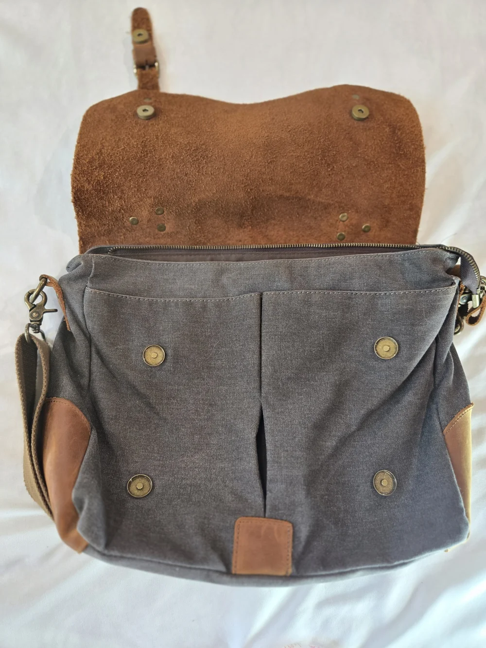 Leather-Trim Canvas Messenger Bag for Men - Brown & Gray